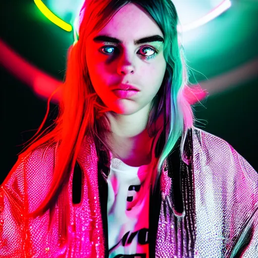 Image similar to billie eilish girl in the street, explosion of neon lights, close up, 5 0 mm lens, model photography detailed realistic