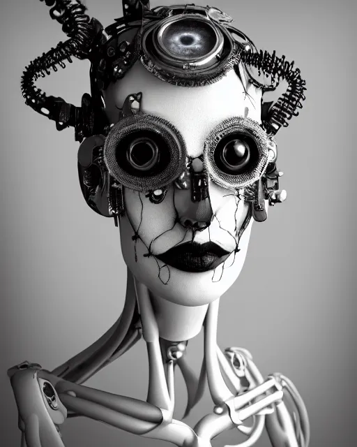 Image similar to black and white dreamy foggy smoky profile face portrait, one silver steampunk realistic eye biomechanical beautiful young female cyclope - cyborg - robot bust, body ribs meshes,, volumetric light, hibiscus flowers, by hg giger, rim light, big gothic fashion pearl embroidered collar, 8 k