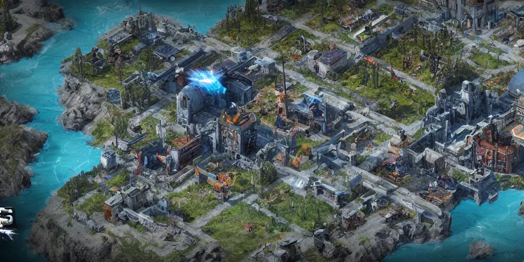 Image similar to zoomed in rts fortress game map based on deadspace meets farcry 5. lush environment, colorful realism, unreal engine 5, edge of tomorrow technology