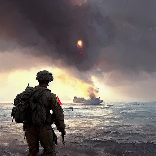 Image similar to an american soldier fighting in d - day fantastic camera engel by greg rutkowski