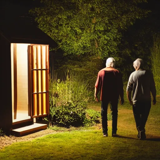 Image similar to A dark photo of two men in a garden at night walking towards a small wooden garden shed