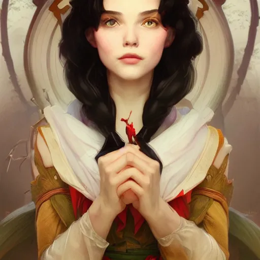 Prompt: portrait of snow white, girl, disney, highly detailed, digital painting, artstation, concept art, smooth, sharp focus, illustration, art by artgerm and greg rutkowski and alphonse mucha