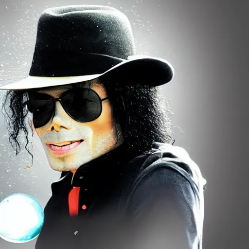 Image similar to michael jackson 2 0 0 9 wearing shades, alone, this is it style, photo real, pores, motion blur, sitting with bubbles the chimp window open, real life, spotted, ultra realistic face, accurate, 4 k, movie still, uhd, sharp, detailed, cinematic, render, modern