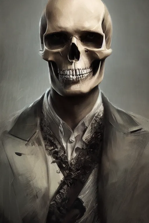 Image similar to concept art skull gentleman, close - up portrait, powerfull, intricate, elegant, volumetric lighting, scenery, digital painting, highly detailed, artstation, sharp focus, illustration, concept art, ruan jia, steve mccurry