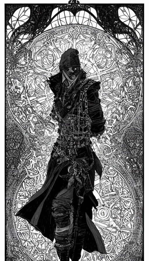 Image similar to a black and white ink fine ink drawing of a thief, from of thrones, in leather armor, fibonacci, sweat drops, intricate fashion clothing, concept art, smooth, sharp focus, portrait, illustration, art by alphonse mucha and travis charest