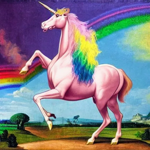 Image similar to an absolute beast of a muscly unicorn walking on rainbow in the style of caravaggio