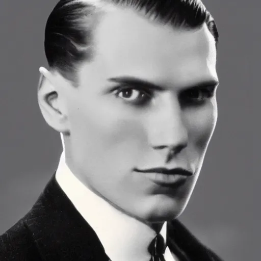 Image similar to A photograph portrait of Jerma985 wearing a suit with short slicked hair in the early 1930s, taken in the early 1930s, grainy, taken on a early 1930s Kodak Camera, realistic, hyperrealistic, very realistic, highly detailed, very detailed, extremely detailed, detailed, digital art, trending on artstation