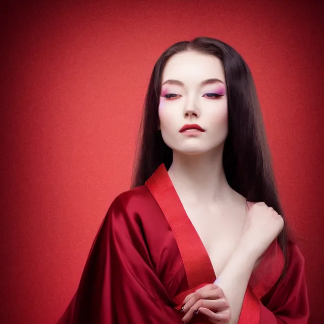 Prompt: ethereal beautiful woman with long flowing hair in a dark red kimono