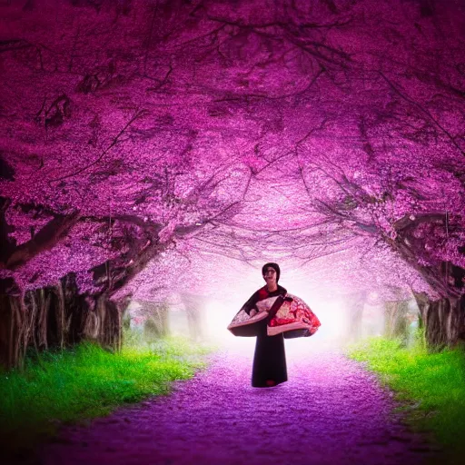 Image similar to beautiful full body portrait geisha walking on a trail through a forest of glowing cherry blossom trees with stream , beautiful face smiling, with cherry blossom in hand, ultra detail photo realistic cinematic neon lighting 4k shoot on Polaroid in 1977