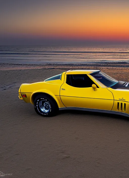 Image similar to a miniature of a yellow 1979 stingray corvette at the beach at sunset, t-top, convertable,digital art,detailed,ultra realistic,art by greg rutkowski