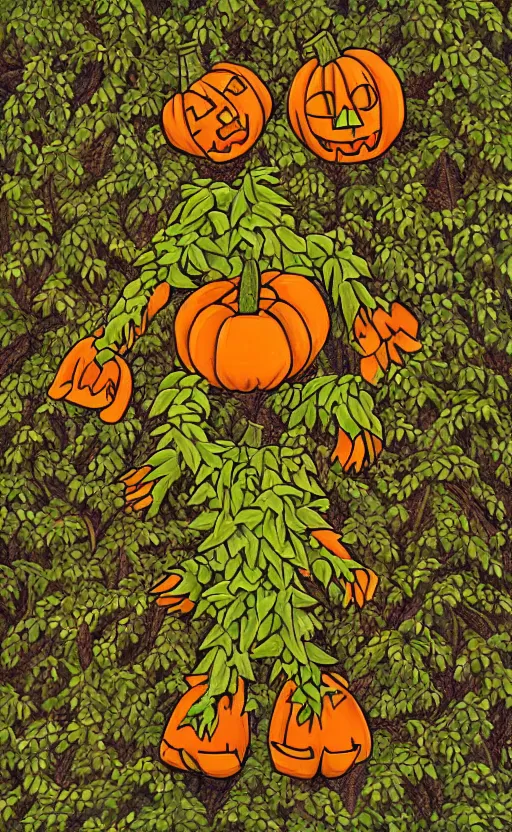 Prompt: a pumpkin monster but it's body is made out of vines and weeds, full body portrait