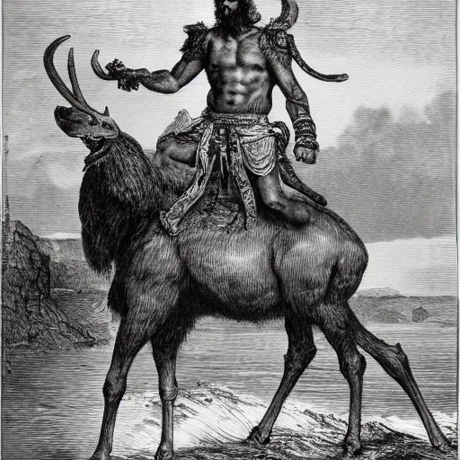 Image similar to anthropomorphic moose barbarian humanoid by gustave dore, pirate ship, sea, fantasy