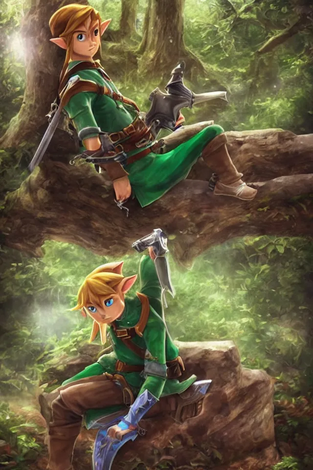 Image similar to a photorealistic portrait of link sitting in woods of hyrule playing ocarina, with a crystal texture and a dreamy atmosphere ， super wide angle ， matte painting ， rtx on ， trending on zelda ocarina of time