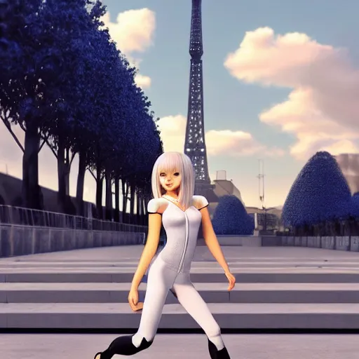 Image similar to platinum - blonde - haired long bob cut blue - eyed princess wearing white leggings and black jacket, standing next to communist monument, futuristic paris, anime, hd anime wallpaper, hyperrealistic lighting, octane render, volumetric lighting, drawn by artgerm