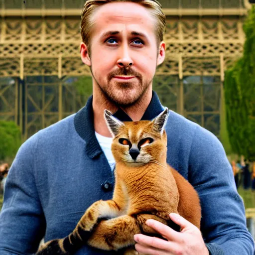 Prompt: Ryan Gosling holds a caracal cat in his hands against the backdrop of the Eiffel Tower, photography award winning