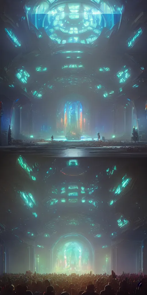 Image similar to futuristic church with leds, extremely detailed digital painting, in the style of fenghua zhong and ruan jia and jeremy lipking and peter mohrbacher, mystical colors, rim light, beautiful lighting, 8 k, stunning scene, raytracing, octane, trending on artstation