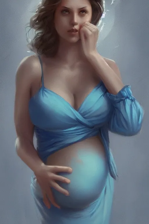 Image similar to pregnant woman in a short blue dress in night under street light, highly detailed, sharp focused, ultra realistic digital concept art by Edwin Longsden Long, Charlie Bowater