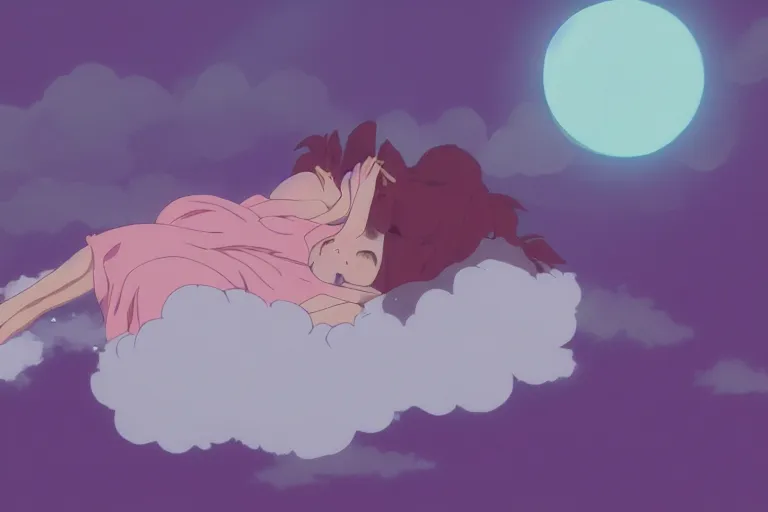 Prompt: a cute anime girl sleeping on a cloud, misty, glows, by studio ghibli, anime, hazy, foggy, ambient lighting, 8 k, neon, synthwave,