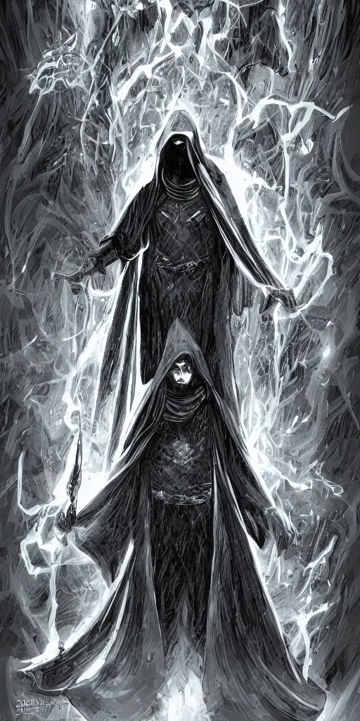 Image similar to A comic book cover page of a cloaked mage, digital art, comic book, detailed, greyscale