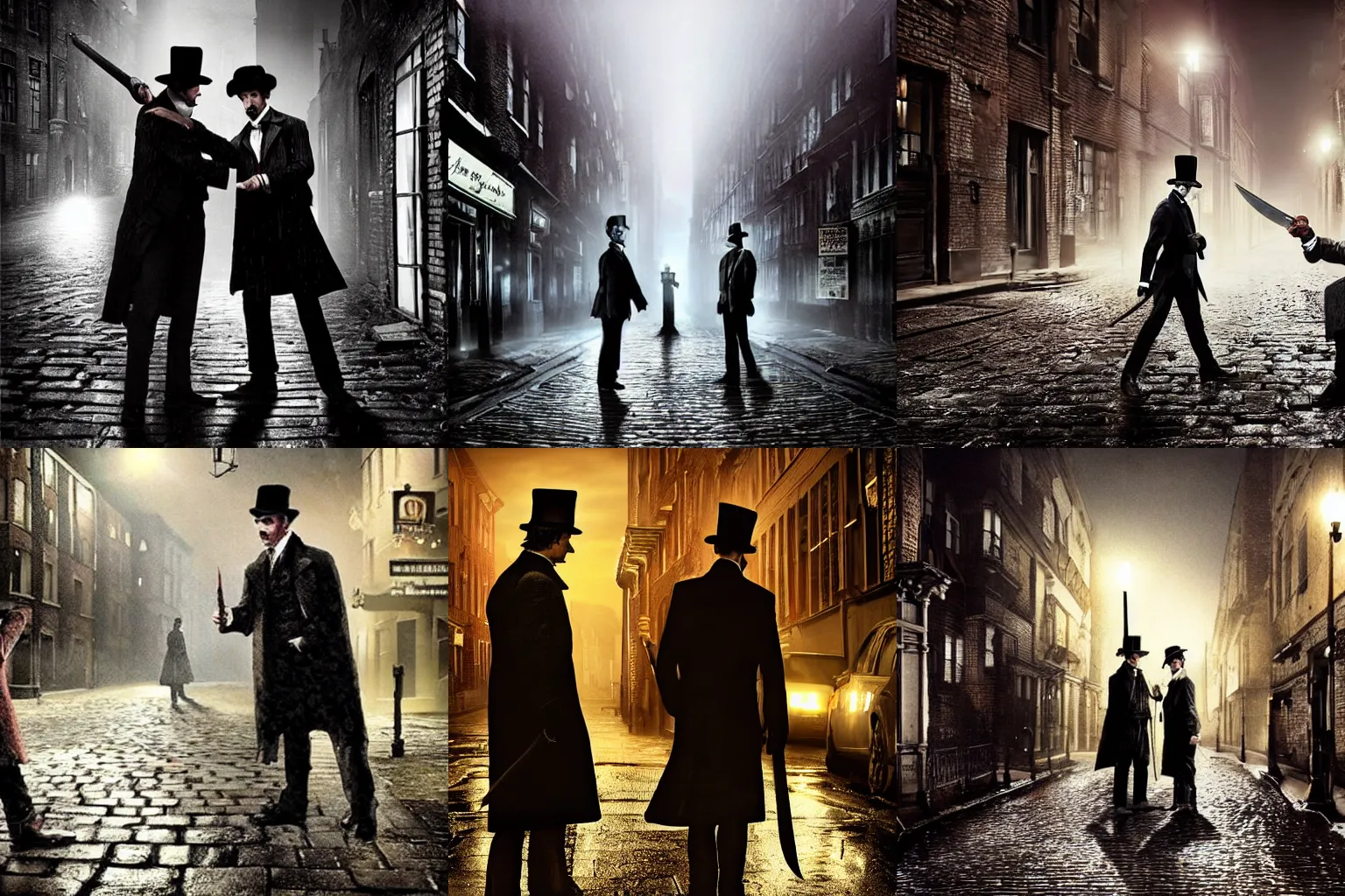 Prompt: jack the ripper threatening Sherlock holmes with a knife, full bodies shown, in a wet cobblestone alley, hyperdetailed, lights down the street, cinematic, light mist, photorealistic, scary, intense,