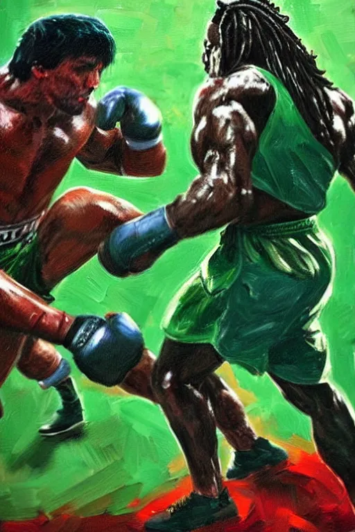 Prompt: fight between rocky balboa and the predator, artstation, concept art, smooth, sharp foccus ilustration hq, painting in the style of leroy neiman, green tones