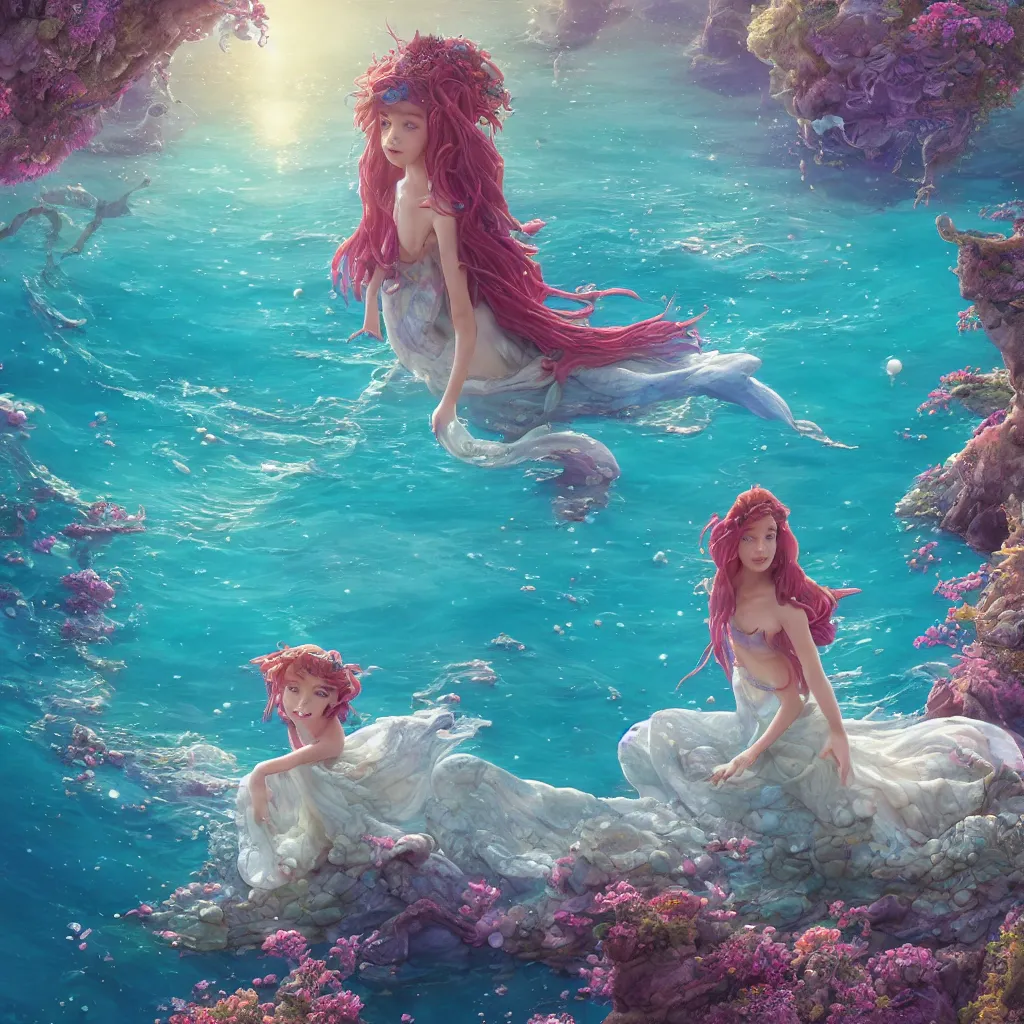 Image similar to a little mermaid in a long dress singing in the colorful ocean, correct human body and perspective, pearls and shells, fantasy art by ferdinand knab, makoto shinkai and ilya kuvshinov, rossdraws, tom bagshaw, trending onstudio ghibli, radiant light, highly detailed, octane render, 8 k