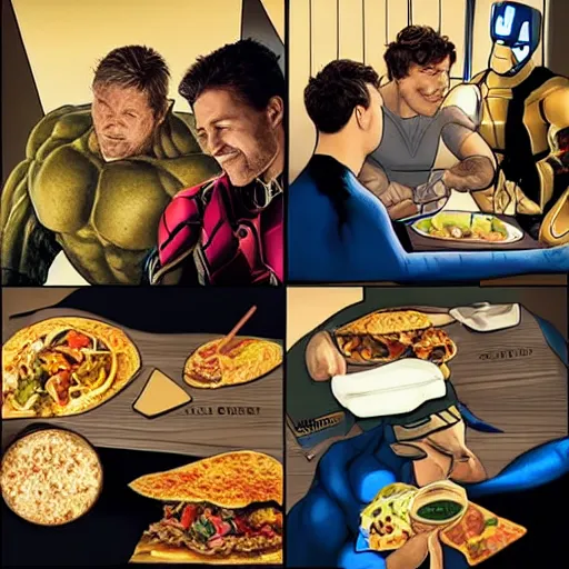 Prompt: The Avengers eating inside of a Taco Bell at midnight, relaxing, dim lighting, relaxed poses, chill, photorealistic