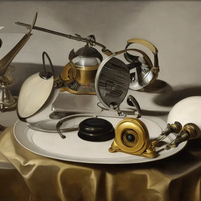 Image similar to still life painting of alien technology by pieter claesz, oil on canvas, strong lighting, highly detailed, hyper realism, golden hour, god rays, hd, 4 k