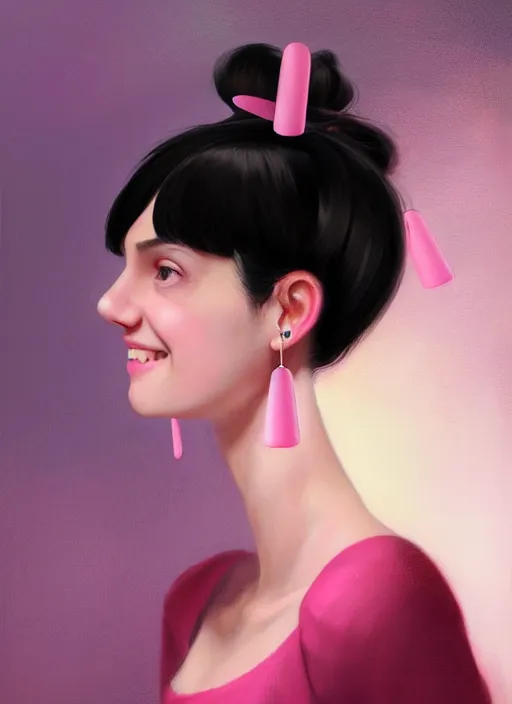 Image similar to portrait of high school girl, realistic, black hair, bangs, half updo hairstyle, pointy nose, skinny, smile, ugly, defined jawline, big chin, pink hair bow, earrings, intricate, elegant, glowing lights, highly detailed, digital painting, artstation, sharp focus, illustration, art by wlop, mars ravelo and greg rutkowski