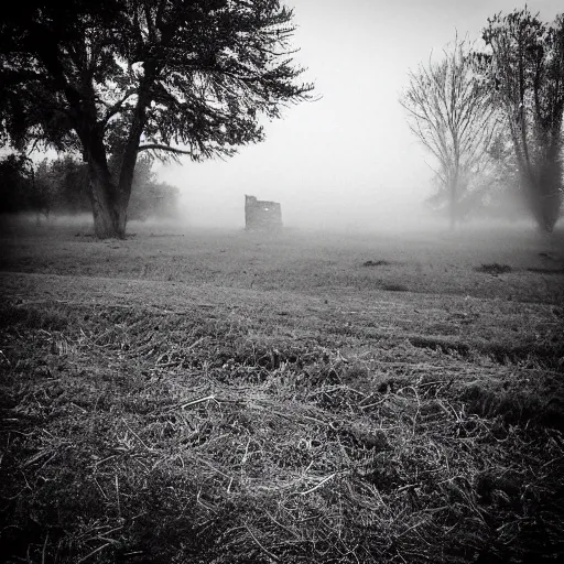 Prompt: In a clear field, fog and fall, muddy hay instead of grass, a shattered road, and a lonely store. Sijay and I stole a touch phone from the store (they were on the shelf like groceries) and then went further down the road and came across a ruin where we found three iPhones, but we didn't take them because they had protection from something.