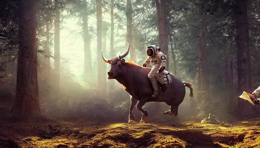 Image similar to american astronaut in the forest riding a bull, objects well lit, plants environment, wide angle, cinematic lighting, atmospheric, realistic, octane render, highly detailed, color graded, in the style of craig mullins