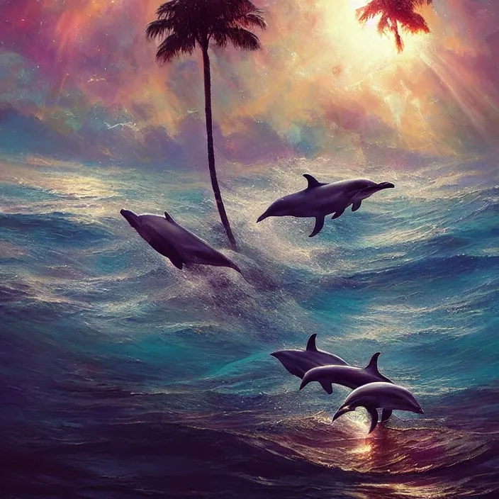 Image similar to dolphins swimming, golden hour, god rays, dreamscape by artgerm and ruan jia and ismail inceoglu and greg olsen, cosmos, milky way galaxy, masterpiece, beautiful, intricate, elegant, highly detailed, palm trees