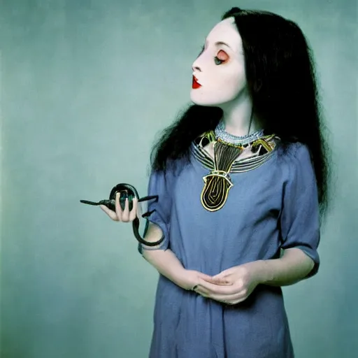 Prompt: full body shot, color slide, Kodak Ektachrome E100, studio photographic portrait of Death as a young friendly, gorgeous, pale, goth girl, wears a Egyptian Ankh Pendant Necklace on her, casual clothes, blue hour, Nikon camera, 75mm lens, f/2.8 aperture, HD, hi-res, hi resolution, deep depth of field, sharp focus, rich deep moody colors, masterpiece image, intricate, realistic, elegant, highly detailed, Shutterstock, Curated Collections, Sony World Photography Awards, Pinterest, by Annie Leibovitz