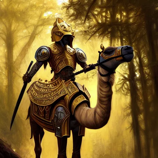Prompt: photo of a humanoid camel dressed in armor with a golden helmet on the head, hold sword in the forest, highly detailed, digital painting, artstation, smooth, sharp focus, illustration, art by artgerm and greg rutkowski and alphonse mucha