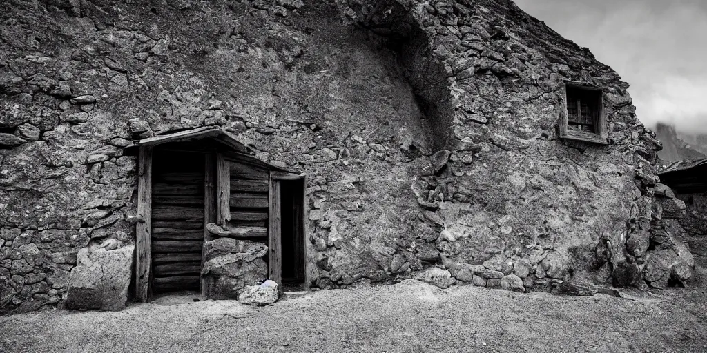 Prompt: photography of a wall with alpine farmer tools in shape of witch signs hanging down, hexagram, häxen, old hut, alp, dolomites, alpine, detailed intricate insanely detailed octane render, 8k artistic 1920s photography, photorealistic, black and white, chiaroscuro, hd, by David Cronenberg, Raphael, Caravaggio