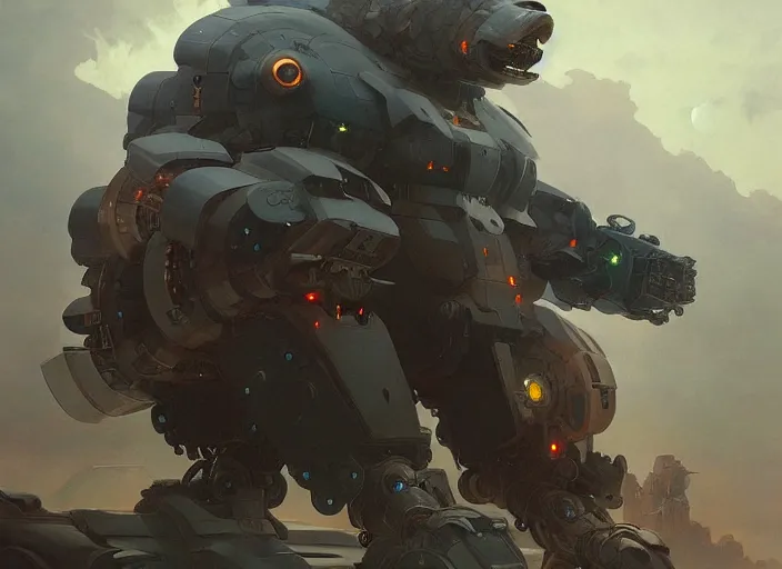 Image similar to a giant bear with a giant proton cannon in the back, a fusion between a bear and a mecha, elegant, technology, highly detailed, digital painting, artstation, concept art, smooth, sharp focus, illustration, art by krenz cushart and artem demura and alphonse mucha