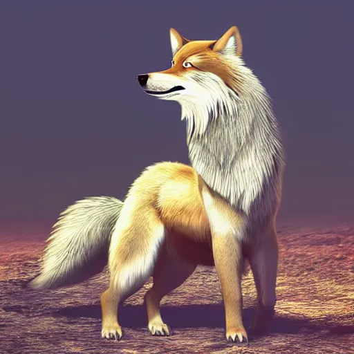 Image similar to professional stylized full - body digital art of a side profile of a tibetan wolf, light tan fur, fluffy, falling leaves, hd, 8 k, highly detailed, high quality, cute