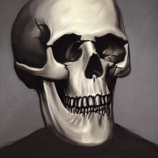 Image similar to portrait painting of a sad man with a skull as his face, 4k,