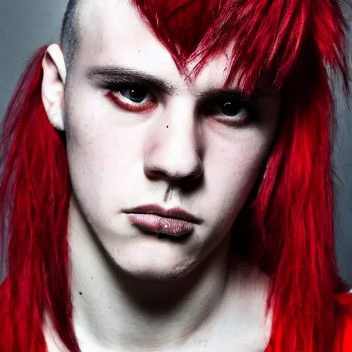 Prompt: young man with a short red dyed mohawk, red eyes and a slim face, dressed in punk clothing, punk style, headshot photo, attractive, handsome, in color, no lipstick