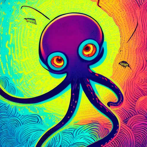 Image similar to an neon coloured adorable super cute baby octopus by feng zhu and loish and laurie greasley, victo ngai, andreas rocha, john harris