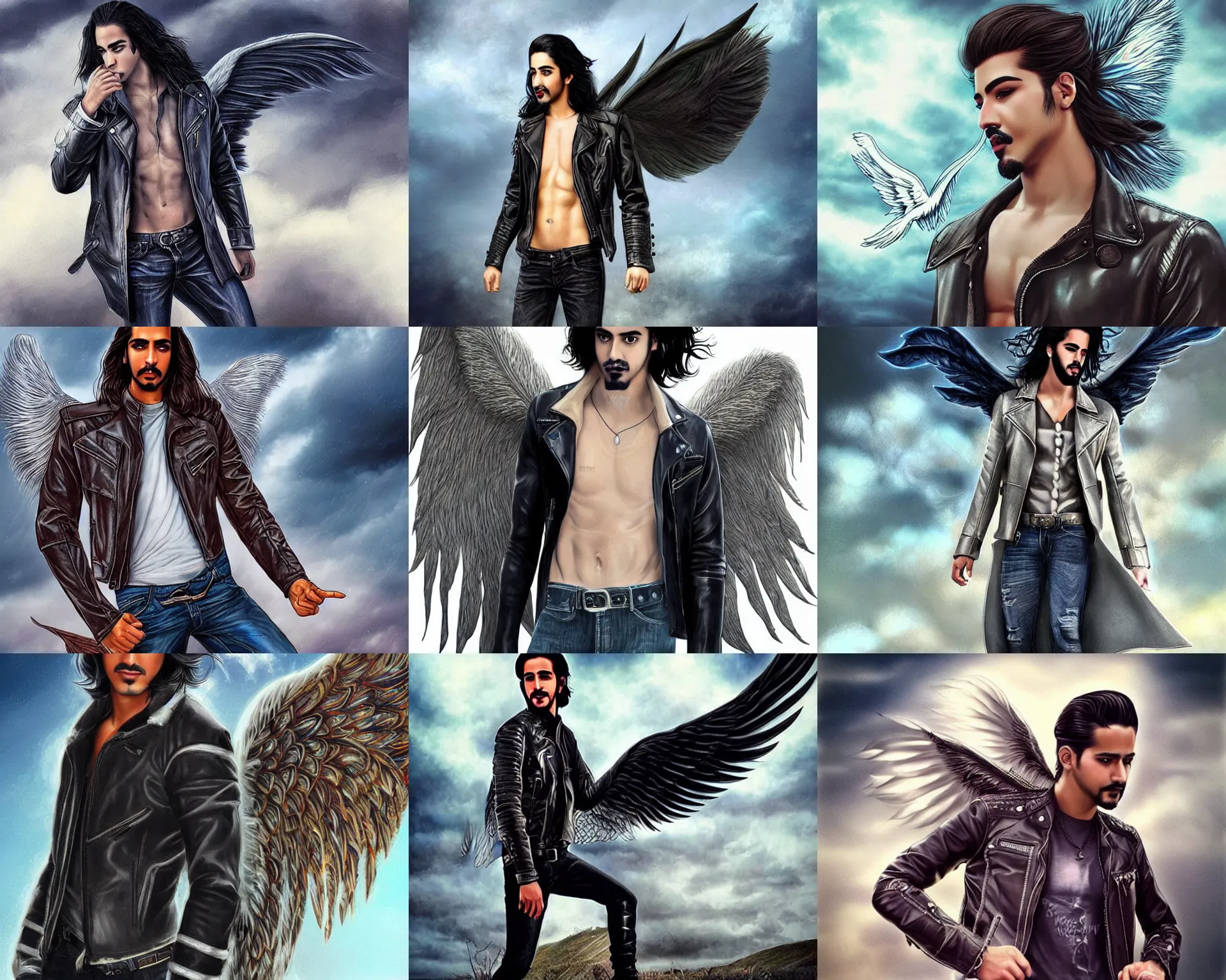 Prompt: beardless angel avan jogia with thunderbolt-pattern-feather wings. Leather jacket, boots and jeans. Floating in a stormy sky. Distant full body shot. Artwork by artgerm