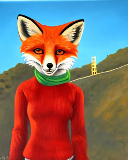 Image similar to oil painting portrait of anthropomorphic female fox animal dressed in sweater and scarf, fox animal, hollywood sign in background, location movie studio, oil painting,