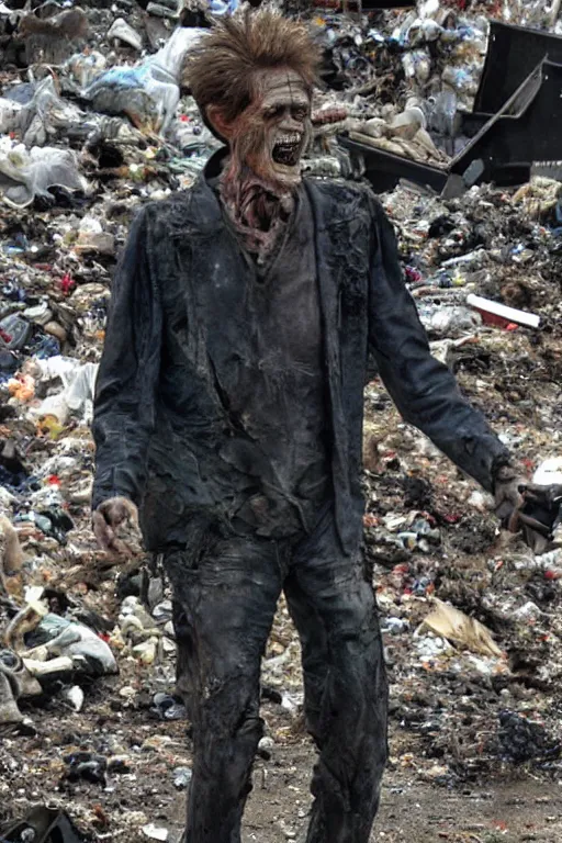 Image similar to grainy recovered photo of animatronic Willem Dafoe by Stan Winston studios trashed destroyed lying broken in a landfill post apocalyptic gloom discarded exposed inner machinery detailed