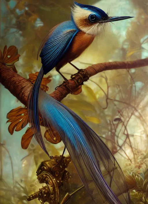 Image similar to hyper realistic paradise flycatcher, refined details, denoised, birds eye view, magical, gems, jewels, gold, steampunk, cyberpunk utopia, painted by tom bagshaw, mucha, gaston bussiere, craig mullins, j. c. leyendecker 8 k