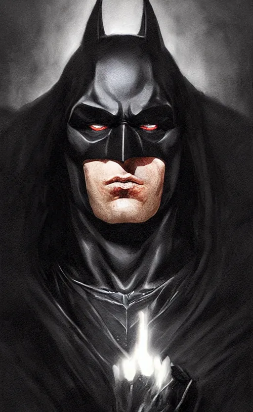 Image similar to Portrait of batman in a black cloak, black hair, glowing eyes, male, detailed face, fantasy, highly detailed, cinematic lighting, digital art painting by greg rutkowski