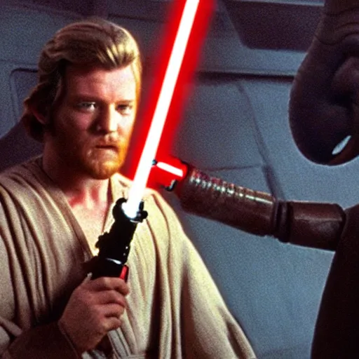 Prompt: a film still of a man with a elephant's head using a Obi Wan Kenobi clothes holding a lightsaber in A New Hope(1977)