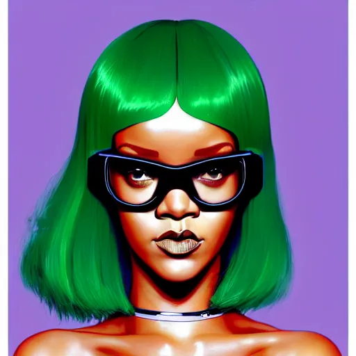 Image similar to Rihanna wearing opaque reflective goggles profile picture by Greg Rutkowski, green Bob wig, asymmetrical, futuristic, volumetric lights, streetwear, studio ghibli, Organic Painting , Matte Painting, geometric shapes, hard edges, trending on the artstation, fantasy LUT, realistic by Sachin Teng + Martin Grip + Moebius + Patrick Gleason, smooth, sharp focus, illustration, art by John Collier and Albert Aublet and Krenz Cushart and Artem Demura and Alphonse Mucha, techwear, Industrial Scifi, detailed illustration, character portrait,