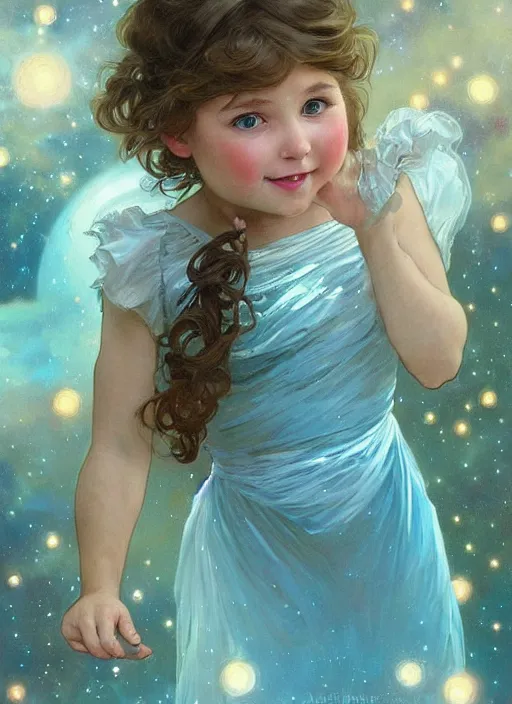 Prompt: a cute little girl with blue eyes, and short wavy light brown hair smiles as she floats in space with stars all around her. she is wearing a turquoise space themed dress. beautiful painting by artgerm and greg rutkowski and alphonse mucha