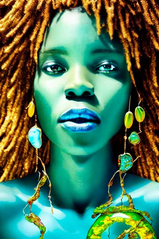 Image similar to hyperrealistic cinematic wide shot of very expressive! translucent!! african goddess, underwater scene with fish and algae, gold jewerly, highly detailed face, digital art masterpiece, eric zener cam de leon, dramatic pearlescent turquoise light on one side, low angle uhd 8 k, shallow depth of field