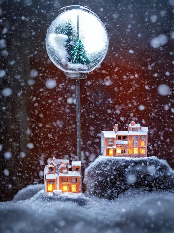 Image similar to snow globe diorama of tiny soviet residential building, lights are on in the windows, cozy atmosphere, fog, cold winter, snowing, streetlamps with orange volumetric light, birches